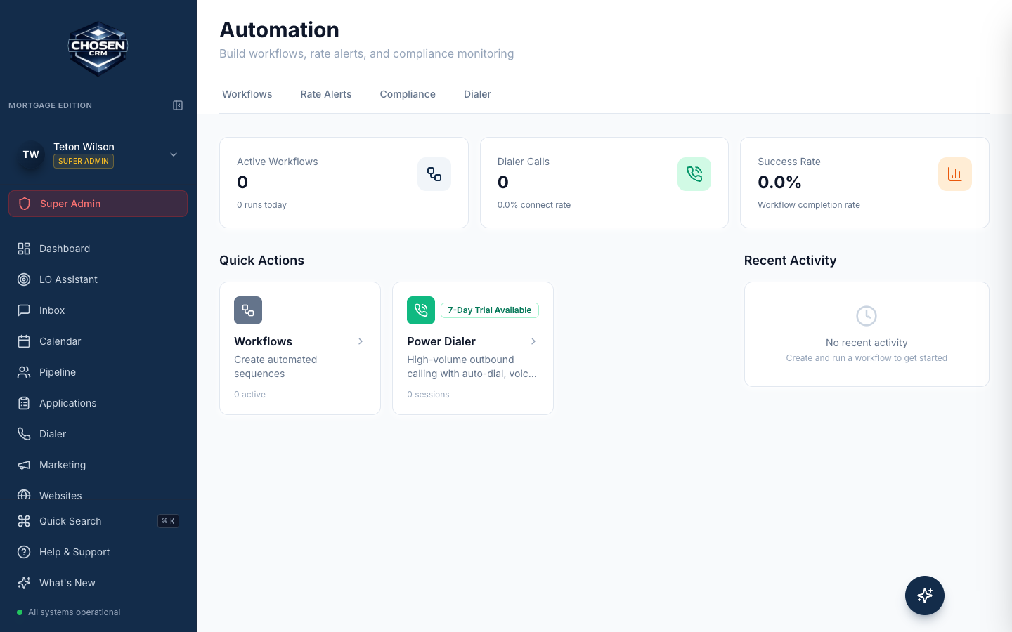 ChosenCRM interface showing workflow and operational controls