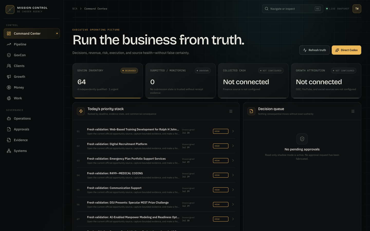 Mission Control interface showing priorities and a decision queue