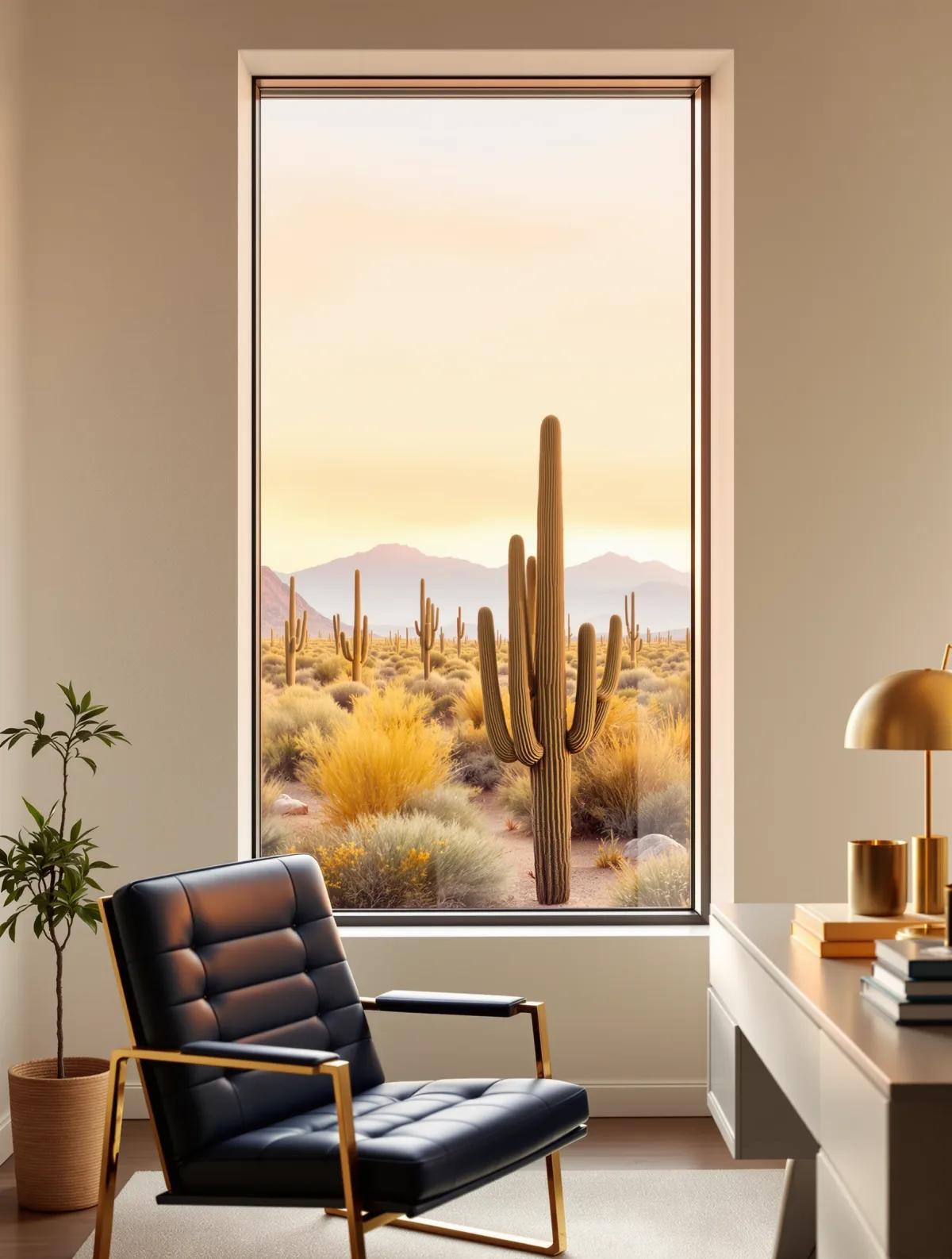 Office with a tall window looking out over Sonoran desert at golden hour